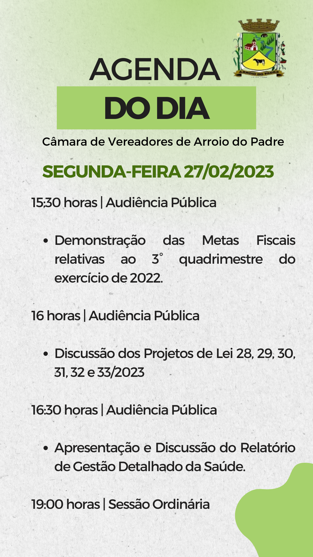 Agenda do dia 27/02/2023