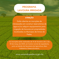 INSCRIÇÕES PARA O PROGRAMA LAVOURA IRRIGADA COMEÇAM NA TERÇA-FEIRA 